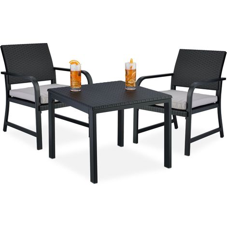 Relaxdays Balkonmöbel Set, 3-teilig, 1 Tisch & 2 Stühle, Kissen, Gartengarnitur Rattanoptik, Stahl & Kunststoff, schwarz