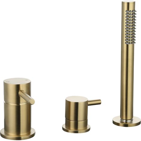Grifo mezclador de bañera/ducha PAINI Ortence, latón cepillado, montado sobre una mesa.