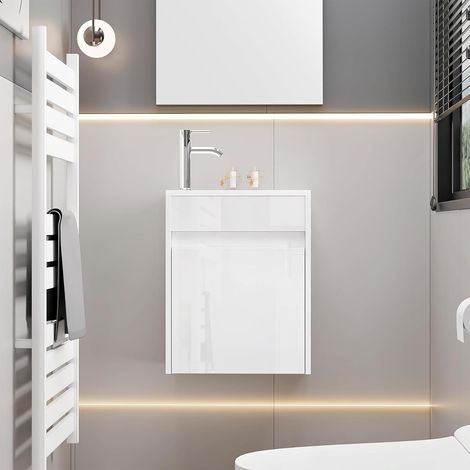 UEV Mobile Bagno con Lavabo in Resina, 41CM Mobili Bagno Salvaspazio Sospeso, Rubinetto Cromato a Risparmio Idrico e Scarico Pop Up, Piccolo, Bianca (1/5)