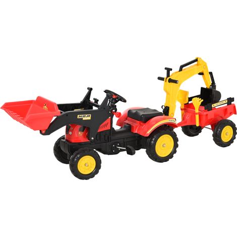 Tracteur à pédales rouge avec remorque, chargeur frontal, pelle réglable – véhicule à pédales pour enfants dès 3 ans. (1/5)