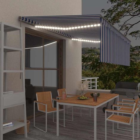 Store banne-Auvent manuel rétractable avec store et LED 4,5x3 m Bleu blanc (1/5)