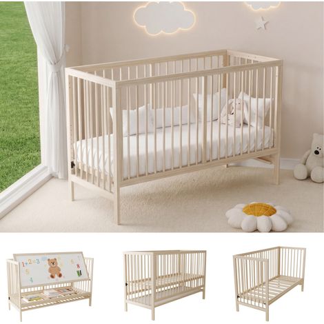 Lit bébé en bois de pin, berceau évolutif convertible en lit cododo, chevalet et bureau, réglable en hauteur sur plusieurs niveaux, couleur bois naturel, sans matelas, dimensions 120x60x90 cm (1/5)