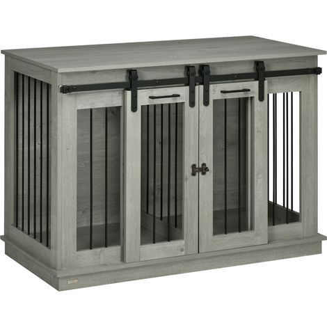 Jaula para perros de madera gris con doble puerta y separador 120 x 60 x 88,5 cm MODENUIT (1/4)