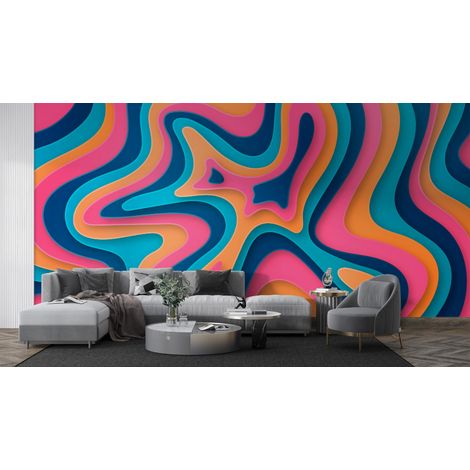Papier peint rétro - volutes psychédéliques colorées - 150 x 250 cm (1/2)