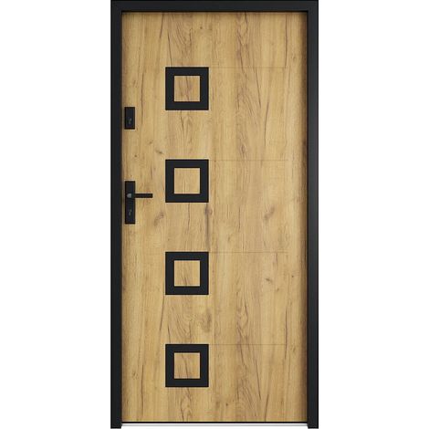 Porte d'entrée en acier avec inox H207 x L100 cm effet chêne - épaisseur 55 mm - poussant droit - TIFANA