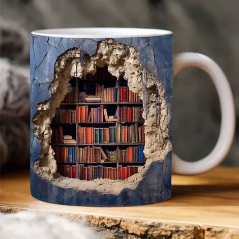 Tasse Céramique 3D Étagère À Livres - Design Bibliothèque - Usage Intérieur Bureau Maison - 350 ml - Blanc Marine (1/5)
