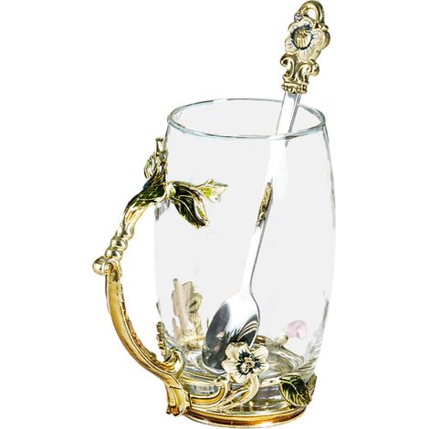 1 Ensemble tasse café verre jasmin avec cuillère, design élégant émaillé, pour boissons chaudes froides, cadeau fête (1/5)