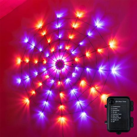 Décorations Halloween : Toile d'araignée Lumineuse 120cm- Guirlande LED 70 Ampoules, 8 Modes avec Minuterie - Alimentation sur Piles,Avec télécommande (1/5)