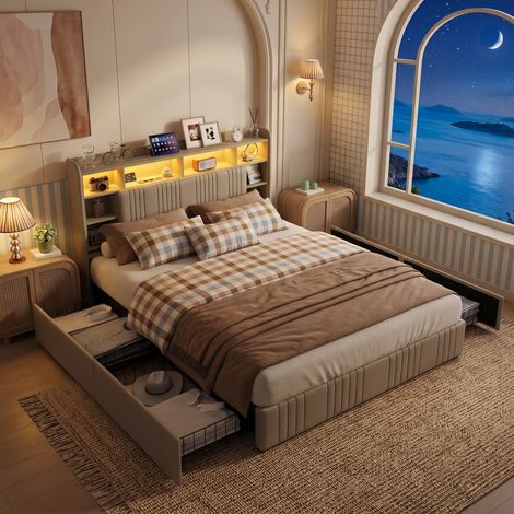 Lit Double 140x200 cm avec 4 Tiroirs sur Roulettes, Tête de Lit LED et USB, Sommier à Lattes, lit double avec rangement - Moderne en Lin Beige (1/5)