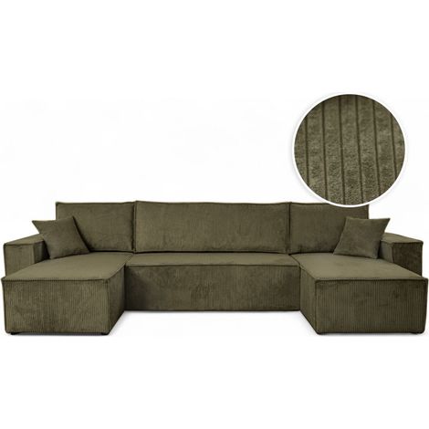 Loungitude – Canapé d'angle panoramique convertible 6 places en velours côtelé – Grand lit d'appoint – Coffre de rangement – Vert kaki (1/5)