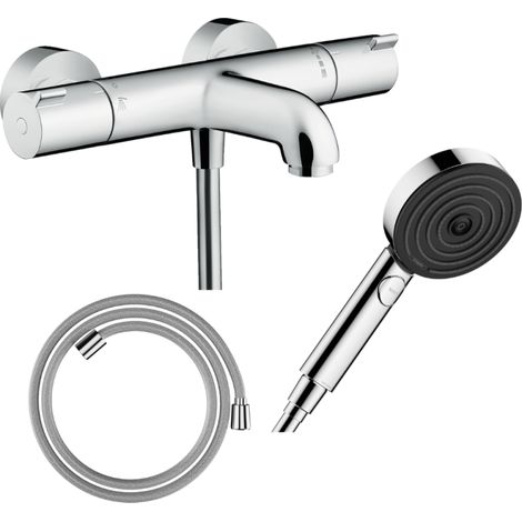 HANSGROHE Pack mezclador termostático para baño Ecostat 1001CL + Designflex flexible + Rociador Pulsify Select EcoSmart 105 3 chorros cromado