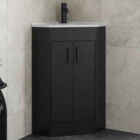 Alpine Black Bathroom Furniture Vanity Unit with Basin 585mm Corner Double Door (1/5)