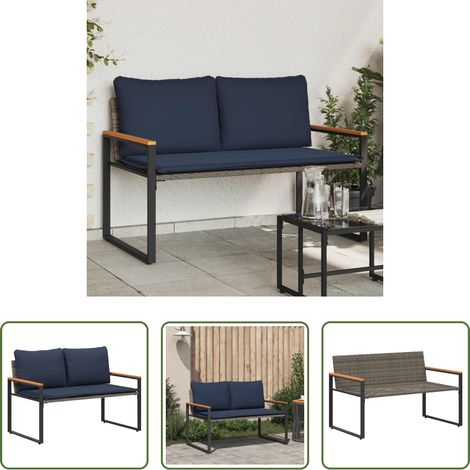 vidaXL Außenbank - Bank mit Kissen Grau und Marineblau 115 x 65 x 72 cm Rattan
