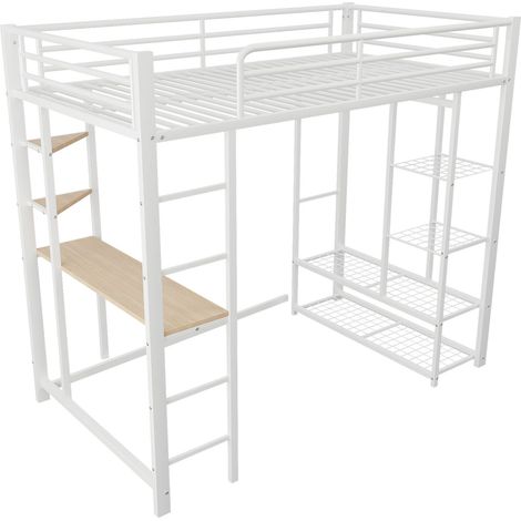 Cama alta 90 x 200 cm de metal blanco con escritorio, estantes y armario (1/5)