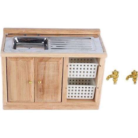 Lavabo miniature en bois pour maison de poupée (échelle 1:12), petit meuble exquis pour salle de bain ou cuisine, couleur bois. (1/5)