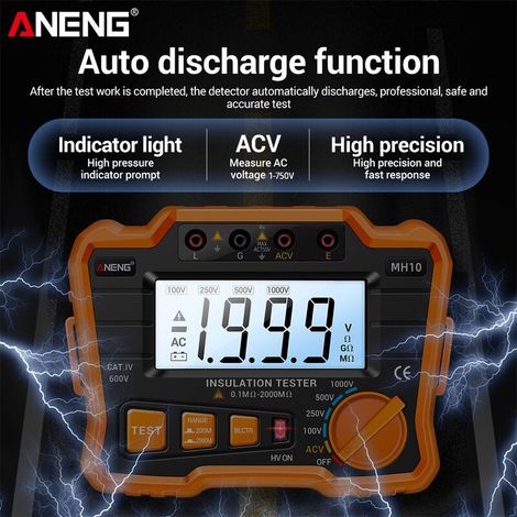 VURAHOME - MH10 Testeur de résistance d'isolement numérique 0,1 MΩ-2000 MΩ Mégohmmètre rétroéclairé LCD Tension de sortie 100/ 250/ 500/ 1000 V Mètre de résistance isolé AC 750 V avec sac à fermeture (1/4)