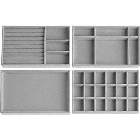 Duscdesp Lot de 4 tiroirs de rangement pour bijoux, organiseurs, boîtes à bijoux, en velours, empilables, pour boucles d'oreilles, bracelets, bagues (gris) (1/5)