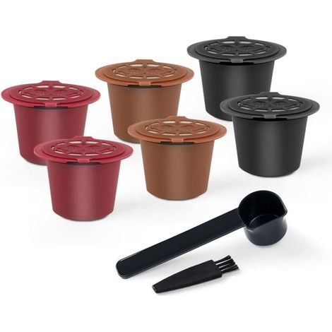 Capsules Café Réutilisables - Lot de 6 - Acier Inoxydable - Compatible Nespresso OriginalLine - Pour Machine Espresso - Noir Rouge Marron