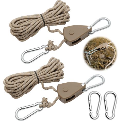 2 Pièces Corde à Cliquet Réglable 4M, Poulie à Cliquet Kaki 1/8 avec 2 Replacement Crochets, Tendeur de Corde à Cliquet Réfléchissante pour Lampe Plantes Tente Randonnée (1/5)