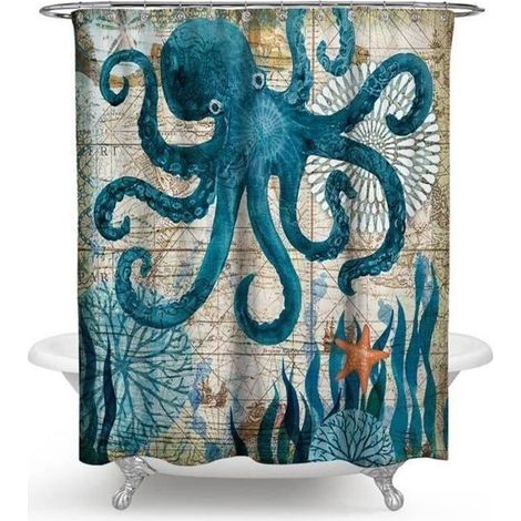 1 pièce Rideau de douche pieuvre, polyester imperméable, 165x180 cm, motif sublimé, pour baignoire standard et salle de bain moderne