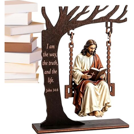 Décoration chrétienne pour la maison, 2D, Jésus, Bible sur une balançoire, Table religieuse Décoration Jésus avec support en forme d'arbre pour salon, bureau, dortoir, université, étagère, entrée d'é (1/5)