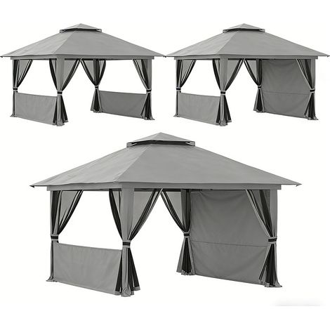 3er-Set  faltpavillon 4x4m Pop-Up Gartenpavillon mit UV-Schutz und Netzwänden, Doppeldach, wetterfest und dunkelgrau