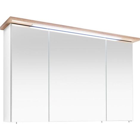Badezimmer Spiegelschrank 3-türig MALANJE-66 in weiß Glanz / Riviera Eiche quer Nb., inkl. LED - B/H/T: 115/72/20cm (1/4)
