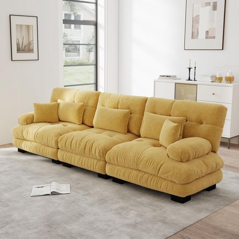 Canapé d'angle modulable 3 places avec assise profonde, canapé-lit en chenille, confortablement revêtu pour salon, appartement, studio, bureau, jaune (1/5)