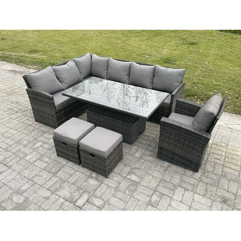 Fimous Wicker PE Outdoor Rattan Garden Furniture Set Height Adjustable Rising Lifting Table Sofa Dining Set with 2 Small Footstools Armchair Dark Grey Mixed