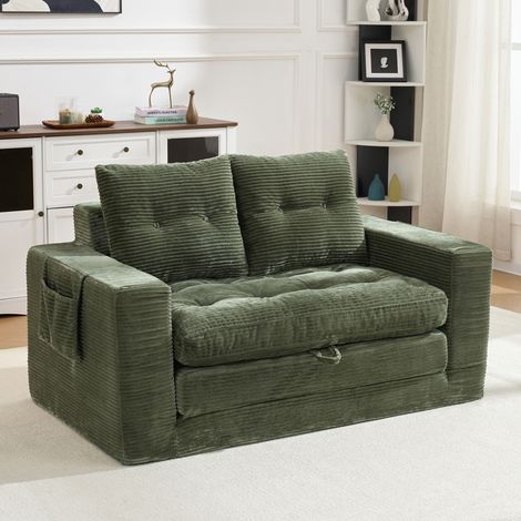 Canapé 2 places – Idéal pour s'asseoir ou se détendre – Doté d'accoudoirs larges et de poches latérales – Convient aux salons, chambres et bureaux – 140 × 85 × 67 cm – Vert (1/5)