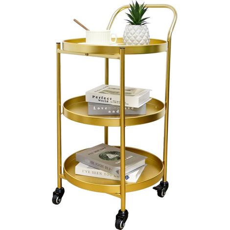Chariot Bar Doré 78 cm Haut, Voiture Métallique à 3 Niveaux avec Roues, roulettes Verrouillables, Rangement Solide pour Cuisine, Maison, Divertissement (1/5)