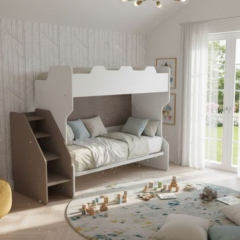 Letto a castello salvaspazio con terzo letto estraibile e scala laterale - Ideale per camerette - Bianco e Fumo