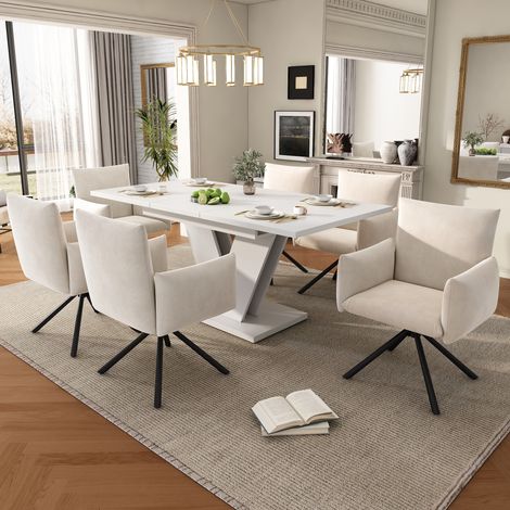 Set da pranzo con tavolo allungabile in MDF bianco 120/160x80 cm e 6 sedie in lino girevoli con braccioli (1/5)
