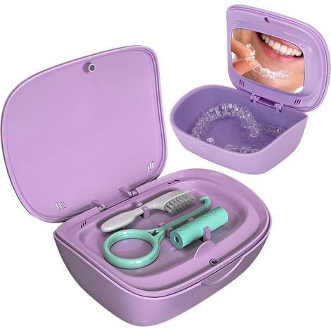 Boîte pour appareils dentaires, boîte pour prothèses dentaires avec revêtement en silicone, boîte pour attelles orthodontiques, rangement et nettoyage par immersion des fausses dents (violet) (1/5)
