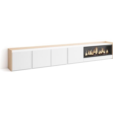 Skraut Home - Mueble TV, Televisión, Muebles de salón, almacenaje, 315x35x50cm, Para TV hasta 80", Chimenea eléctrica XXL, Estilo Moderno, Blanco y roble soft (1/5)