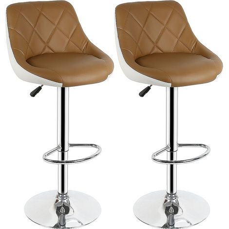 Tabouret de bar 2, chaise de cuisine moderne, avec dossier repose-pieds sans accoudoirs en similicuir chromé design pivotant réglable en hauteur, marron-blanc (1/5)