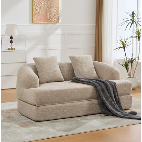 Sofá cama plegable de 2 plazas en chenilla caqui con 2 cojines (1/5)