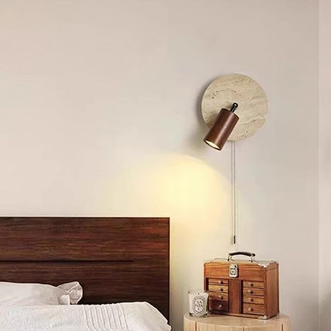 Lampe murale d'intérieur — Travertin jaune à lumière blanche, douille E27, spot de chevet rond avec interrupteur à tirette (1/5)