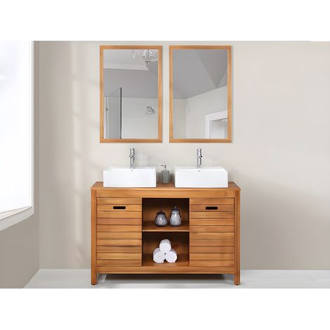 Meuble de salle de bain en bois d'acacia avec double vasque et miroirs - 130 cm - PULUKAN (1/4)