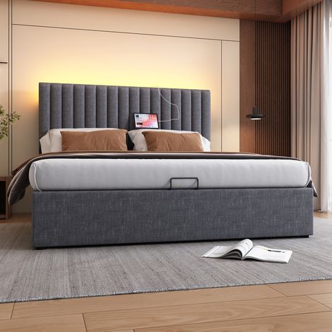 Cama con espacio de almacenamiento tapizada en lino gris 160x200 cm, LED con app, USB-C y cabecero ajustable (1/5)