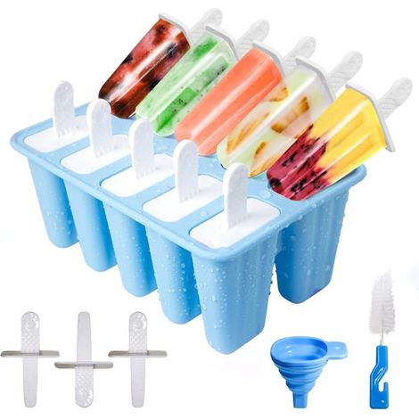 Moule a Glace 10 Cavités, Avec Batonnet Glace, Brosses Entonnoirs Pliants, Silicone, Sans BPA, pour esquimaux faits maison,Bleu (1/5)