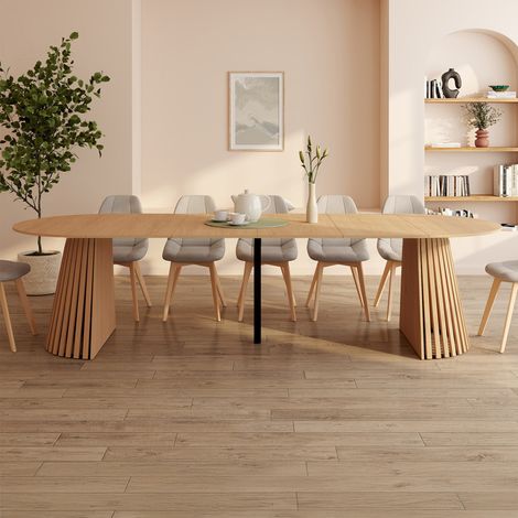 CARMEN mesa de comedor redonda extensible 4-12 personas con patas de listones de madera y tablero de madera 110-300 cm