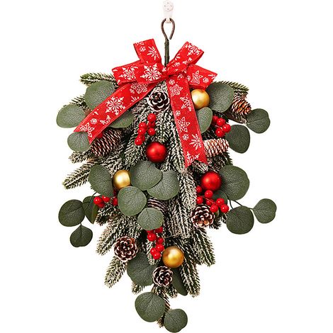(Boîte en carton + 2 yuans) Sapin de Noël suspendu à l'envers de 50 cm, décoration de porte de Noël, décoration de scène, sapin suspendu en rotin, décoration murale (style 2) (1/2)