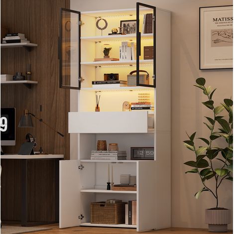 Vitrine 70x30x200 cm en bois et verre blanc, avec rangement LED pour salon moderne FloraGrace (1/5)