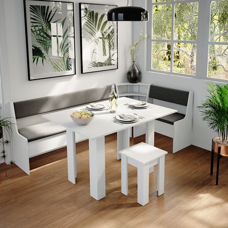 Combinazione di panche e tavolo ad angolo Roman, Bianco, 210 x 41.5 cm con tavolo, Vicco