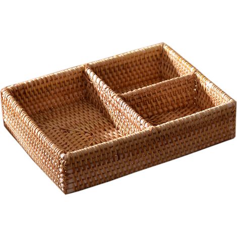 Cesta de almacenamiento de mimbre natural con 3 compartimentos, caja decorativa rústica con pequeño compartimento de nido de abeja para la entrada, la cocina o el salón (20 cm, marrón, se vende por un (1/5)