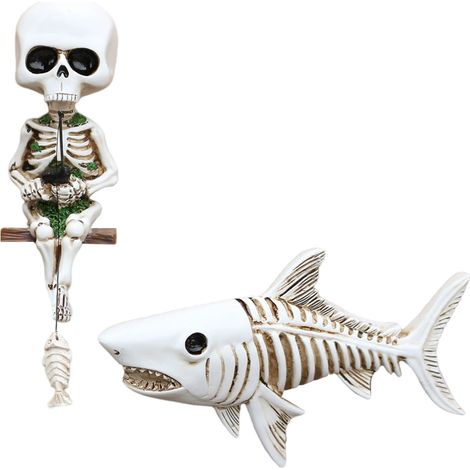 Sculpture de requin squelette en résine pour décoration d'Halloween – Figurine de pêcheur squelette assis (1/5)