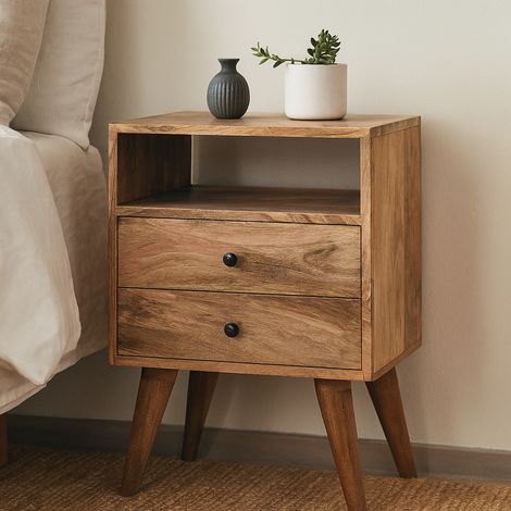 Mesita de noche clásica nórdica de madera maciza marrón, acabado oak-ish, 2 cajones