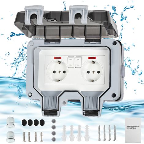 Jiubiaz Außensteckdose Gartensteckdose Outdoor Steckdose IP66 16A Wasserdicht Staubdicht Wandsteckdose 2 Loch mit Schalter