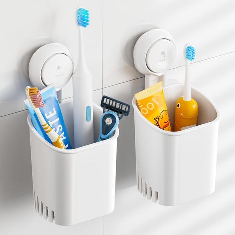 Soporte para cepillos de dientes con ventosa (paquete de 2), carga máxima de 3 kg, instalación en 1 segundo, reutilizable, soporte de plástico para pasta de dientes y maquinilla de afeitar para cocina (1/5)